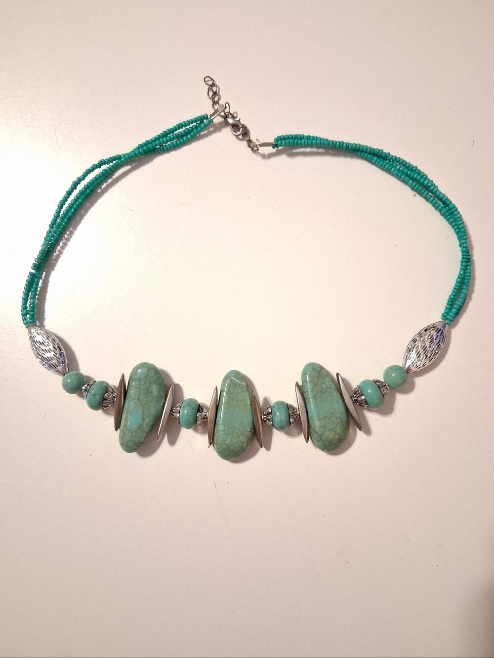 Turquoise Beaded Statement Necklace - Green Gem Accent